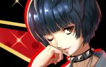  1girl black_background black_hair choker collar doctor jewelry k.ty_(amejin) lab_coat necklace one_eye_closed orange_eyes persona persona_5 pink_lips red_nails smile spiked_choker spikes studded_choker studded_collar takemi_tae upper_body 