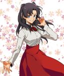  1girl black_hair blue_eyes buttons closed_mouth cowboy_shot fate/stay_night fate_(series) floral_background halorane high-waist_skirt long_hair long_sleeves looking_at_viewer red_ribbon red_skirt ribbon shirt skirt smile solo tohsaka_rin twintails white_shirt 