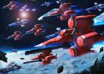  absurdres asteroid cannon commentary_request debris fleet flying fujikusa gundam gundam_seed highres military_vehicle mobile_armor moebius_(gundam_seed) moebius_zero motion_blur no_humans science_fiction space spacecraft star_(sky) sun 