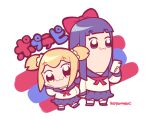  2girls :3 black_eyes blonde_hair blue_footwear blue_hair blue_skirt bow cellphone chibi chibi_only dot_nose full_body hair_bow holding holding_phone kotorai multiple_girls phone pipimi poptepipic popuko red_bow shirt short_twintails signature skirt smartphone socks standing translation_request twintails white_background white_shirt white_socks 