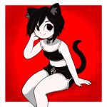  1girl animal_ear_fluff animal_ears bare_legs bell black_camisole black_choker black_eyes black_hair black_nails bob_cut camisole cat_girl cat_tail choker colored_skin dolphin_shorts gato_del_futuro hand_in_own_hair marie_(gato_del_futuro) midriff navel neck_bell original red_background red_theme shorts sitting smirk solo tail tank_top thighs white_skin 
