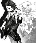  1boy closed_mouth greyscale hand_on_own_knee highres kyooooi1 looking_at_viewer male_focus mochizuki_ryouji mole mole_under_eye monochrome pants persona persona_3 scarf shadow shirt simple_background solo spiky_hair 