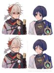  2boys armor closed_eyes closed_mouth crossed_bangs genshin_impact grey_hair grin hair_between_eyes highres japanese_armor japanese_clothes kaedehara_kazuha male_focus multicolored_hair multiple_boys multiple_views notice_lines oshi_taberu ponytail purple_hair red_eyes redhead scaramouche_(genshin_impact) simple_background smile streaked_hair upper_body violet_eyes vision_(genshin_impact) wanderer_(genshin_impact) white_background 