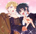  2boys black_hair blonde_hair blue_eyes brown_coat brown_hair brown_jacket coat earrings ensemble_stars! fangs heterochromia jacket jewelry kagehira_mika looking_at_viewer male_focus multicolored_hair multiple_boys multiple_earrings narukami_arashi open_mouth pink_background shirt short_hair sparkle tongue tongue_out turtleneck violet_eyes white_shirt yellow_eyes zn242878163 