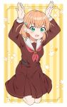  1girl blush brown_dress collarbone commentary crossed_bangs dress green_eyes hands_up highres hinoshita_kaho jenny_(artist) link!_like!_love_live! long_sleeves looking_at_viewer love_live! medium_hair neckerchief open_mouth orange_hair rabbit_pose red_neckerchief sailor_collar sleeve_cuffs solo white_sailor_collar winter_uniform 