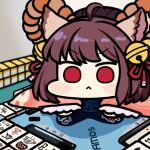  1girl :&lt; ahoge bell brown_hair closed_mouth commentary_request full_body hair_bell hair_ornament hair_ribbon ichihime japanese_clothes jazz_jack jingle_bell kimono lowres mahjong mahjong_soul mahjong_table mahjong_tile medium_bangs photo-referenced pink_kimono red_eyes red_ribbon ribbon short_hair solo table v-shaped_eyebrows 