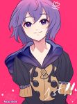  1girl artist_name bernadetta_von_varley blue_eyes commentary english_commentary fire_emblem fire_emblem:_three_houses garreg_mach_monastery_uniform highres light_smile looking_at_viewer none1504 own_hands_together pink_background purple_hair short_hair simple_background solo upper_body 