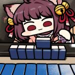  1girl :3 animal_ears bell brown_hair cat_ears chibi closed_mouth commentary_request hair_bell hair_ornament hair_ribbon ichihime japanese_clothes jazz_jack jingle_bell kimono lowres mahjong mahjong_soul mahjong_tile medium_bangs photo-referenced pink_kimono red_eyes red_ribbon ribbon short_hair smile solo upper_body 