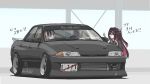  2girls absurdres azki_(hololive) black_hair black_sweater blue_eyes bow brown_hair colored_inner_hair garage grey_hair hair_bow head_tilt highres hololive hololive_dev_is juufuutei_raden license_plate long_hair multicolored_hair multiple_girls nissan nissan_skyline nissan_skyline_r32 overalls pink_hair ponytail smile stance_(vehicle) streaked_hair sweater translation_request vehicle_focus very_long_hair waju220 waving white_bow white_overalls 