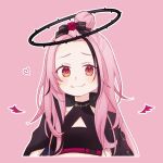  1girl 820kb black_bow black_jacket blush bow demon_wings fang flower hair_bow hair_bun hair_flower hair_ornament halo heart highres jacket jacket_on_shoulders long_hair looking_at_viewer multicolored_hair nijisanji nijisanji_en outline pink_background pink_hair plant red_eyes red_flower red_rose rose rosemi_lovelock_(4th_costume) simple_background skin_fang smile solo streaked_hair thorns vines white_outline wings 