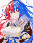  1girl alear_(female)_(fire_emblem) alear_(fire_emblem) armor artist_name blue_eyes blue_hair breasts commentary_request eyelashes fire_emblem fire_emblem_engage heterochromia multicolored_hair red_eyes redhead simple_background smile solo split-color_hair teeth twitter_username two-tone_hair upper_body white_background zqzbq 