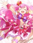  1girl :d artist_name blush clear_glass_(mildmild1311) closed_eyes commentary_request cure_wonderful dress earrings eyelashes happy highres inukai_komugi jewelry long_hair looking_at_viewer magical_girl multicolored_hair open_mouth pink_hair pink_wrist_cuffs precure puffy_short_sleeves puffy_sleeves short_sleeves signature smile solo streaked_hair striped_clothes twitter_username wonderful_precure! wrist_cuffs 