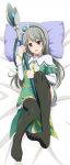  1girl absurdres bed_sheet black_thighhighs blush capelet dakimakura_(medium) dress flat_chest frilled_dress frills full_body futoku_no_guild green_dress green_hair hair_between_eyes hat highres holding holding_staff ishida_seito knee_up looking_at_viewer lying mage_staff maidena_angers mini_hat on_back on_bed open_mouth pillow red_eyes solo staff thigh-highs toes white_capelet white_sleeves 