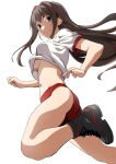  aozaki_aoko black_footwear blue_eyes brown_hair buruma gym_shirt gym_uniform hair_intakes highres kisimat_t long_hair mahou_tsukai_no_yoru red_buruma shirt shoes sportswear 