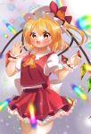  1girl absurdres ascot back_bow blonde_hair bow breasts cowboy_shot crystal fang flandre_scarlet gradient_background grey_background hair_between_eyes hat hat_bow hat_ribbon highres iris_(airisu495) large_bow looking_at_viewer medium_hair mob_cap multicolored_wings open_mouth orange_eyes petticoat puffy_short_sleeves puffy_sleeves red_bow red_ribbon red_skirt red_vest ribbon shirt short_sleeves simple_background skin_fang skirt skirt_set small_breasts solo thigh-highs touhou vest white_bow white_headwear white_shirt white_thighhighs wings wrist_cuffs yellow_ascot 