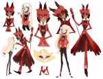  1boy 2girls :d alastor_(hazbin_hotel) animal_ears antlers arms_behind_back black_bow black_bowtie black_footwear black_nails black_pants blonde_hair bow bowtie charlie_morningstar circle_facial_mark claw_ring closed_mouth coat colored_sclera colored_skin commentary deer_antlers deer_boy deer_ears demon_boy english_commentary evil_grin evil_smile eyes_visible_through_hair eyeshadow facial_mark fangs full_body gloves glowing glowing_eyes grey_skin grin half-closed_eyes hand_on_own_hip hand_up hands_on_own_hips hazbin_hotel head_tilt highres holding holding_hands holding_microphone horns jacket jewelry katie_killjoy leaning_forward long_hair looking_at_another looking_at_viewer low-tied_long_hair makeup microphone monocle multicolored_hair multiple_girls multiple_views nai_ga necklace open_mouth pants pearl_necklace red-tinted_eyewear red_bow red_bowtie red_coat red_eyes red_eyeshadow red_gloves red_jacket red_pants red_sclera redhead sharp_teeth shirt shoes short_hair simple_background smile standing striped_coat suspenders teeth tinted_eyewear traditional_bowtie two-tone_hair vertical-striped_coat vintage_microphone white_background white_eyes white_shirt white_skin yellow_eyes yellow_teeth 