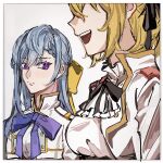  2girls anisphia_wynn_palettia ascot black_ribbon blonde_hair blue_hair breasts closed_mouth commentary_request euphyllia_magenta girl_staring_at_guys_chest_(meme) hair_ribbon highres jacket khanhs long_hair looking_at_another looking_at_breasts medium_breasts meme multiple_girls neck_ribbon open_mouth purple_ribbon ribbon smile tensei_oujo_to_tensai_reijou_no_mahou_kakumei vietnamese_commentary violet_eyes white_ascot white_jacket yellow_ribbon 