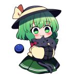  &gt;_&lt; 1girl :3 black_headwear blouse bow eyeball frilled_sleeves frills green_eyes green_hair green_skirt hat hat_bow heart highres kaenbyou_rin kaenbyou_rin_(cat) komeiji_koishi long_sleeves reiuji_utsuho reiuji_utsuho_(bird) ribbon shirt simple_background skirt smile solo third_eye touhou white_background wide_sleeves yellow_bow yellow_ribbon yellow_shirt you_(noanoamoemoe) 