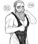  1boy alternate_muscle_size bags_under_eyes bare_shoulders basedlida beard clenched_hand denken_(sousou_no_frieren) facial_hair fighting_stance greyscale highres i_may_be_out_of_mana_(meme) long_beard looking_at_viewer loose_hair_strand male_focus meme monochrome monocle muscular muscular_male old old_man pectorals sleeveless solo sousou_no_frieren speech_bubble thick_eyebrows thick_mustache upper_body 