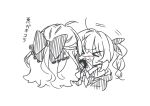  &gt;_&lt; 2girls ahoge blood bow commentary fingerless_gloves gloves greyscale hair_bow hair_ribbon highres ishigami_nozomi kashikaze kuramochi_meruto kuramochi_meruto_(1st_costume) long_hair monochrome multiple_girls nijisanji ribbon side_ponytail simple_background sketch spot_color sweatdrop translation_request virtual_youtuber wiping_blood 