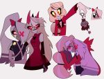  2girls blush charlie_morningstar closed_eyes colored_sclera colored_skin dafuqboomm demon_girl demon_horns demon_tail grey_skin hair_over_one_eye hazbin_hotel horns long_hair multiple_girls parted_lips red_eyes red_horns red_sclera suit tail vaggie white_skin yellow_eyes yellow_sclera yuri 