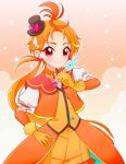  1boy artist_name brooch coattails cowboy_shot cropped_jacket cure_wing earrings frilled_shorts frills gloves hand_on_own_hip hat highres hirogaru_sky!_precure holding ichico_mkmk jacket jewelry long_hair looking_at_viewer low_ponytail magical_boy male_focus mini_hat mini_top_hat mirage_pen open_mouth orange_background orange_gloves orange_hair orange_jacket orange_shorts precure puffy_short_sleeves puffy_sleeves red_eyes short_sleeves shorts signature smile standing tilted_headwear top_hat wing_brooch yuunagi_tsubasa 