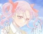  1girl artist_request bad_drawr_id bad_id bow closed_mouth clouds collared_shirt hair_bow kaname_madoka light_blush looking_down mahou_shoujo_madoka_magica mahou_shoujo_madoka_magica_(anime) medium_hair oekaki outdoors pink_eyes pink_hair red_bow shirt sky smile solo speech_bubble translation_request two_side_up upper_body vest wavy_mouth white_shirt yellow_vest 