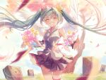 1girl ai_kotoba_ii_(vocaloid) blue_hair detached_sleeves falling_petals feathered_wings floating_hair flower grass grin gtcockroach hair_flower hair_ornament hatsune_miku headphones highres long_hair long_sleeves looking_at_viewer orange_eyes petals pleated_skirt shirt single_thighhigh skirt sleeveless sleeveless_shirt smile speaker thigh-highs tree twintails very_long_hair vocaloid wings