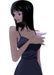  1girl black_dress black_hair blue_eyes blunt_bangs commentary cup dress highres holding holding_cup inu_draw looking_to_the_side medium_hair nico_robin one_piece profile simple_background smile solo upper_body white_background 