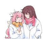  2girls brown_hair closed_eyes coat commentary eden_(honkai_impact) eighth_note elysia_(honkai_impact) food fruit highres holding holding_food honkai_(series) honkai_impact_3rd long_hair long_sleeves multiple_girls musical_note pink_hair pink_scarf pointy_ears scarf simple_background smile strawberry symbol-only_commentary upper_body white_background white_coat yaro_yk yellow_scarf 