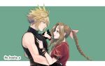  1boy 1girl aerith_gainsborough belt black_gloves blonde_hair blue_eyes blue_shirt border braid braided_ponytail breasts brown_belt brown_hair closed_mouth cloud_strife couple dress final_fantasy final_fantasy_vii gloves green_background green_eyes hair_between_eyes hair_ribbon hand_on_another&#039;s_chest hand_on_another&#039;s_hip hetero holding_hands jacket letterboxed long_hair looking_at_another medium_breasts multiple_belts parted_bangs pink_dress pink_ribbon profile puffy_short_sleeves puffy_sleeves red_jacket ribbon s_kouta_s shirt short_hair short_sleeves sidelocks single_bare_shoulder single_braid sleeveless sleeveless_turtleneck smile spiky_hair suspenders turtleneck twitter_username upper_body wavy_hair white_border 