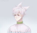  1boy animal_ears artist_name astrocatsama cat_ears choker closed_mouth commentary english_commentary frown gradient_background green_choker grey_background light_blush looking_at_another mole mole_under_eye original red_eyes shirt short_hair simple_background solo t-shirt upper_body white_hair white_shirt white_sleeves 