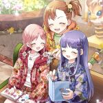  3girls bench blurry blurry_background book casual closed_eyes commentary_request flower hair_ornament highres kyouka_(princess_connect!) long_hair medium_hair mimi_(princess_connect!) misogi_(princess_connect!) multiple_girls open_mouth orange_hair pink_hair princess_connect! rokico sitting sticker violet_eyes 