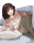  1girl bed_sheet brown_eyes brown_hair collarbone jacket long_sleeves looking_at_viewer mattaku_mousuke open_mouth original pants pillow puffy_long_sleeves puffy_sleeves simple_background solo striped_clothes striped_jacket striped_pants twitter_username under_covers white_background 