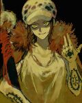 1girl arm_tattoo black_background breasts cape chest_tattoo coat earrings feather_coat finger_tattoo fur_cape fur_coat genderswap hand_tattoo hat highres holding holding_sword holding_weapon jewelry mkmk_kmo one_piece shirt solo sword tattoo trafalgar_law weapon white_shirt yellow_eyes