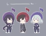  3boys arms_at_sides black_jacket bob_cut boots buttons chibi double-breasted full_body goma_sodapop grey_hair hair_ornament hizen_tadahiro honebami_toushirou jacket lineup long_hair long_sleeves looking_at_viewer male_focus multicolored_hair multiple_boys musical_note musical_note_hair_ornament namazuo_toushirou outline pants ponytail purple_jacket purple_pants redhead short_hair simple_background standing touken_ranbu two-tone_hair very_long_hair white_outline 