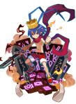  1boy antenna_hair belt blue_hair bracelet crown demon_boy disgaea disgaea_rpg full_body hair_between_eyes holding holding_weapon jewelry laharl male_focus navel pointy_ears red_eyes red_scarf scarf shorts smile solo teeth topless_male transparent_background weapon 