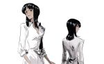  1girl black_hair blunt_bangs collared_shirt commentary highres linerynlasgalen looking_back looking_to_the_side medium_hair multiple_views nico_robin one_piece shirt simple_background sleeves_rolled_up smile symbol-only_commentary upper_body white_background white_shirt 