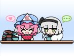  ... 2girls :d black_hairband blue_background blue_headwear bowl closed_eyes closed_mouth commentary english_commentary food fruit gradient_background green_eyes grey_hair hairband hat heart highres konpaku_youmu konpaku_youmu_(ghost) mob_cap multiple_girls open_mouth pink_hair plate saigyouji_yuyuko short_hair smile speech_bubble spoken_ellipsis spoken_heart sweat touhou triangular_headpiece watermelon watermelon_slice yoriyori 