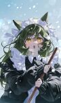  1girl animal_ears blush broom cat_ears cat_girl fang green_hair hair_between_eyes highres holding holding_broom long_hair long_sleeves maid maid_headdress misekiss open_mouth original snow yellow_eyes 