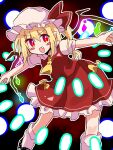  1girl ascot blonde_hair blush cowboy_shot crystal_wings dress fang flandre_scarlet frills hat medium_hair mob_cap open_mouth pointy_ears red_dress red_eyes red_ribbon ribbon short_sleeves side_ponytail solo touhou user_etcs8358 wings yellow_ascot 