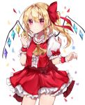  1girl ascot back_bow blonde_hair blush bow breasts buttons center_frills closed_mouth commentary cowboy_shot crystal english_commentary flandre_scarlet frilled_shirt_collar frilled_skirt frilled_sleeves frills hair_between_eyes hair_bow hannahkwok4 highres large_bow medium_hair multicolored_wings no_headwear one_side_up puffy_short_sleeves puffy_sleeves red_bow red_eyes red_skirt red_vest shirt short_sleeves simple_background skirt sleeve_bow small_breasts solo touhou vest white_background white_shirt wings wrist_cuffs yellow_ascot 