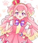  1girl blonde_hair bow brooch commentary crown cure_wonderful dress dress_bow earrings hairband heart heart_brooch highres inukai_komugi jewelry long_hair looking_at_viewer magical_girl mini_crown multicolored_hair open_mouth paw_pose paw_print petticoat pink_hair pouch precure purple_bow short_dress smile solo standing tilted_headwear two-tone_hair two_side_up uiui_(user_gupd8487) violet_eyes wonderful_precure! wrist_cuffs yellow_hairband 