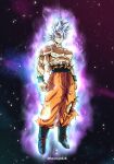 1boy abs absurdres artist_name aura battle_damage blue_sash boots collarbone dragon_ball dragon_ball_super floating frown full_body highres horang4628 looking_at_viewer male_focus muscular muscular_male nebula orange_pants pants pectorals sash serious solo son_goku space spiky_hair star_(sky) topless_male torn_clothes torn_pants twitter_username ultra_instinct veins white_eyes white_hair wristband 