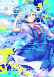  1girl arrow_(symbol) blue_dress blue_eyes blue_hair blue_ribbon blush bow bowtie bright_pupils cirno collared_shirt dress fairy hair_between_eyes hair_ornament hair_ribbon hand_on_own_head happy ice ice_wings mirimo one_eye_closed paint_splatter puffy_sleeves red_bow red_bowtie ribbon shirt short_hair short_sleeves smile static touhou white_pupils white_shirt wings 