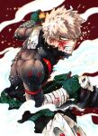  1boy bakugou_katsuki bandaged_arm bandages battle_damage blonde_hair blood blood_from_mouth blood_on_clothes blood_on_face bodysuit boku_no_hero_academia clenched_teeth dust explosion explosive gloves grenade hair_between_eyes highres knee_pads looking_at_viewer male_focus multicolored_clothes multicolored_gloves red_background scowl serious sideburn004 smoke solo sparks spiky_hair superhero teeth torn_clothes yellow_eyes 