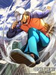  1boy baseball_cap black_eyes blonde_hair closed_mouth clouds cloudy_sky commentary_request english_text full_body hat hat_over_one_eye kaku_(one_piece) long_nose long_sleeves male_focus nijihayashi official_art one_eye_covered one_piece outdoors short_hair sky solo translation_request white_headwear 