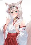  1girl absurdres an-94_(girls&#039;_frontline) animal_ears aqua_eyes bell blush collar double_fox_shadow_puppet fox_ears fox_mask fox_shadow_puppet fox_tail girls_frontline hairband highres japanese_clothes long_hair mask miko neck_bell solo sweatdrop tail tigger_drawing white_background white_hair 