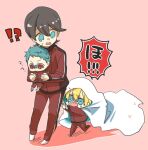  !? 3boys aged_down armpit_carry black_hair blanket blonde_hair blue_eyes blue_hair chasing chibi child confused crying goma_sodapop hood hood_up horikawa_kunihiro jacket lifting_person long_sleeves looking_back male_focus multiple_boys no_shoes open_mouth pants paw_print red_background red_eyes red_jacket red_pants runny_nose short_hair simple_background snot socks standing surprised touken_ranbu track_suit under_covers veil white_background yamabushi_kunihiro yamanbagiri_kunihiro 