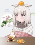  1girl 2024 animal_ears blunt_bangs blush chibi chinese_zodiac dragon eastern_dragon expressionless flower food food_on_head fruit fruit_on_head grey_hair hair_flower hair_ornament hairclip happy_meek_(umamusume) highres horse_ears horse_girl jitome kagami_mochi kotatsu long_hair mandarin_orange new_year object_on_head pink_eyes rattle_drum ryusei_(ryusei_b) sweater table turtleneck turtleneck_sweater umamusume year_of_the_dragon 